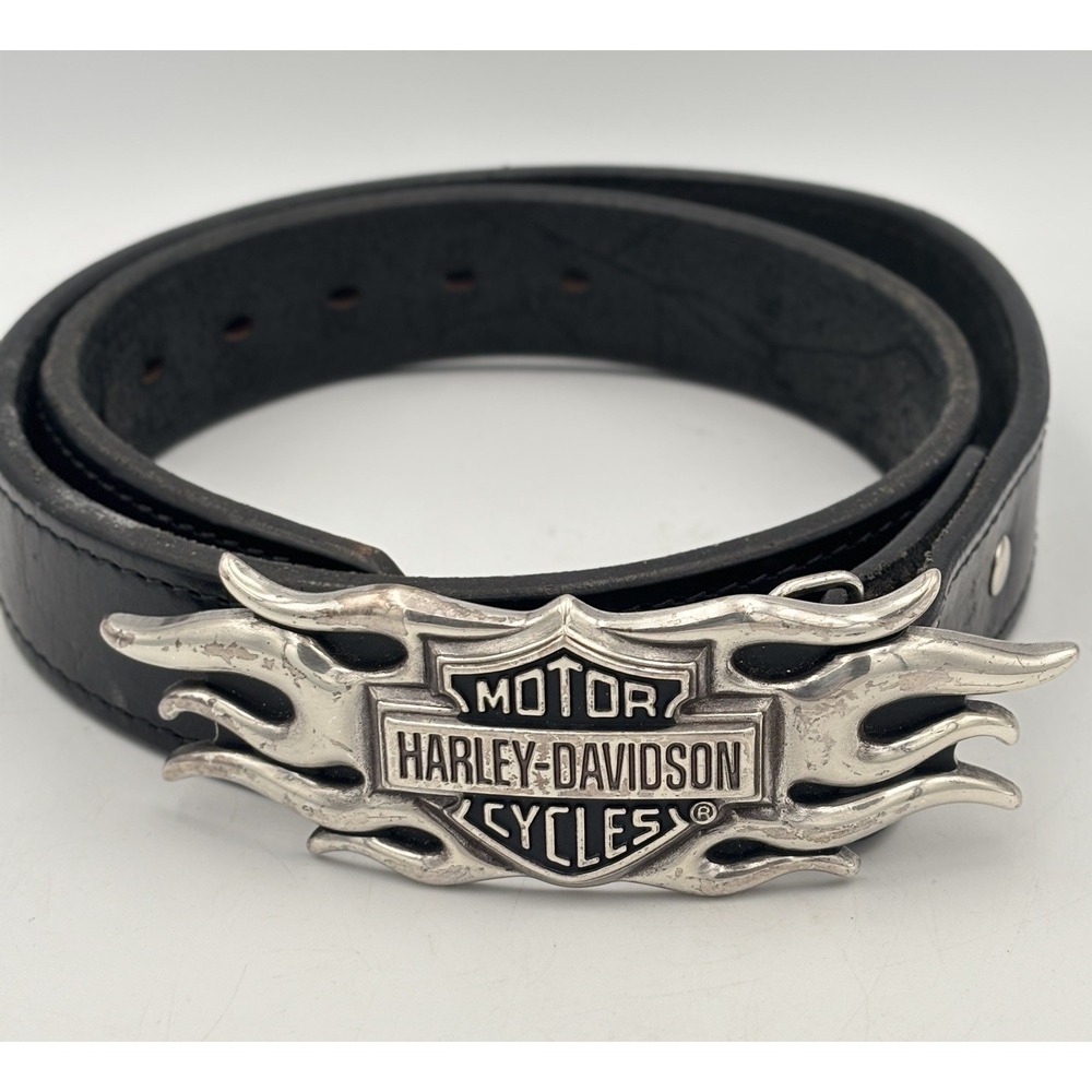 Harley-Davidson Flame Logo Buckle W/ Black Leather Belt Vintage Motorcycle Fire